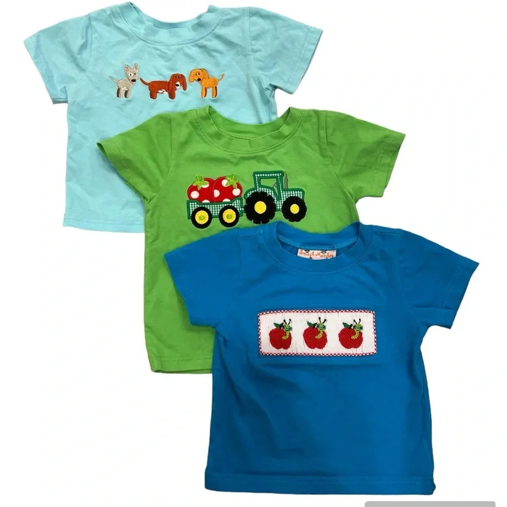 Bundle of 3 Smock Monkey Applique and Smocked Tee Shirts Puppy, Tractor, Apple